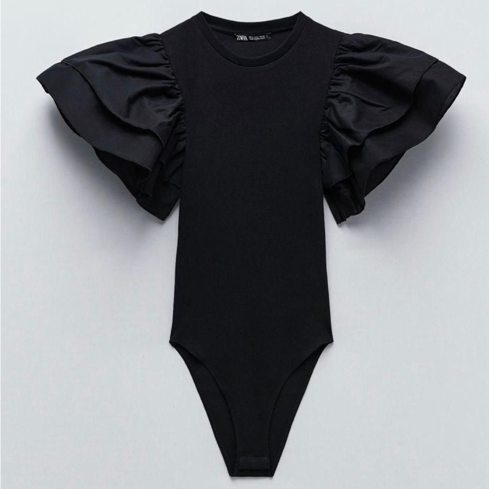 Zara Ruffled Bodysuit in Black Size L